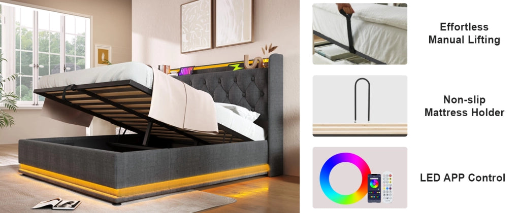 LETTO Imbottito 140x190 cm Grigio in lino con LED, USB e Type-C