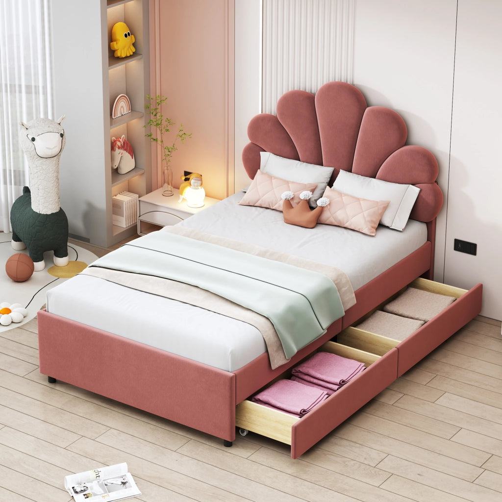 LETTO Imbottito 90x200 cm in velluto Rosa con 2 cassetti