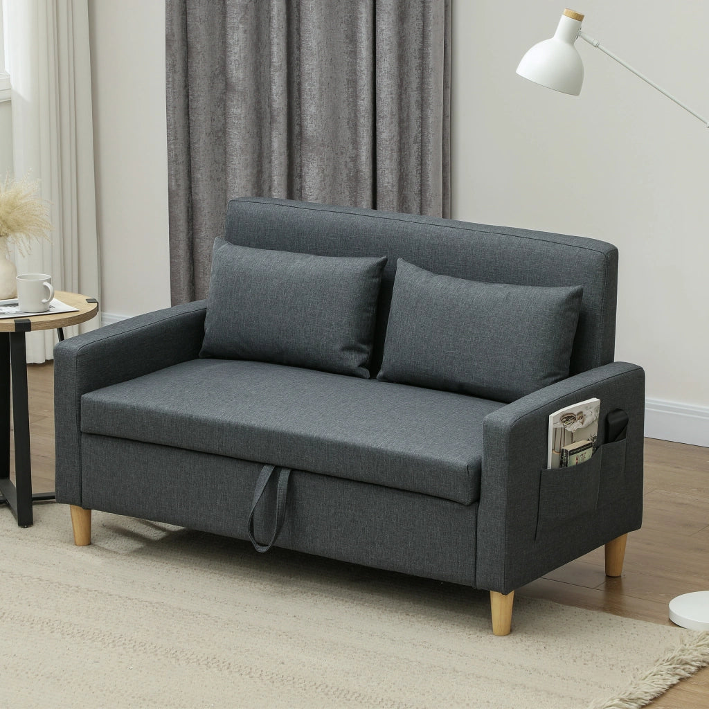 Divano 2 Posti con Cuscini e Spazio Portaoggetti ¨C Zephmum ¨C Tessuto Effetto Lino, Grigio Carbone, 135x72x84 cm