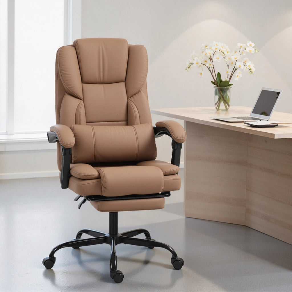 Sedia da Ufficio Reclinabile in Similpelle con Poggiapiedi e Rotelle ¨C Minimal ¨C Marrone 65x67x111-119 cm