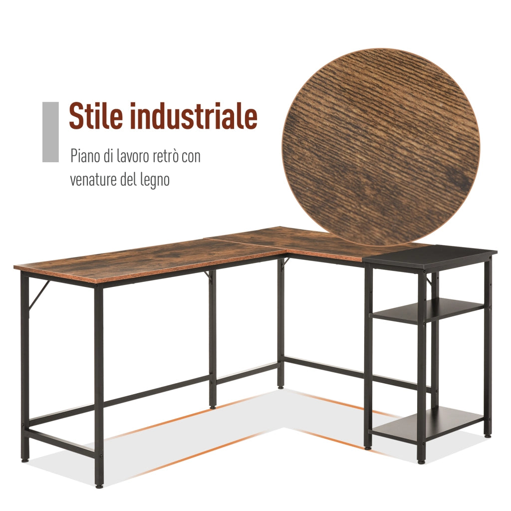 Scrivania Angolare Industriale con Ripiano Laterale ¨C Minimal ¨C Legno e Metallo Nero 150x120x75cm