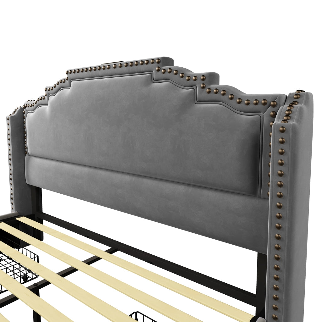 Letto imbottito 160x200 - Zephmum - 4 cassetti, LED, USB-C, velluto grigio