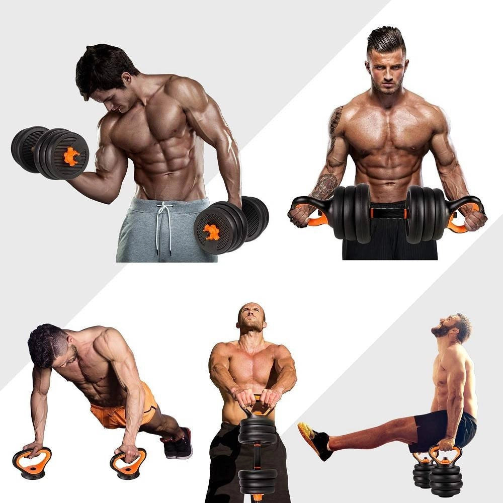 Trade Shop - Set 6in1 Multifunzione Peso 30 Kg Manubri Con Bilanciere E Kettlebell Componibile -