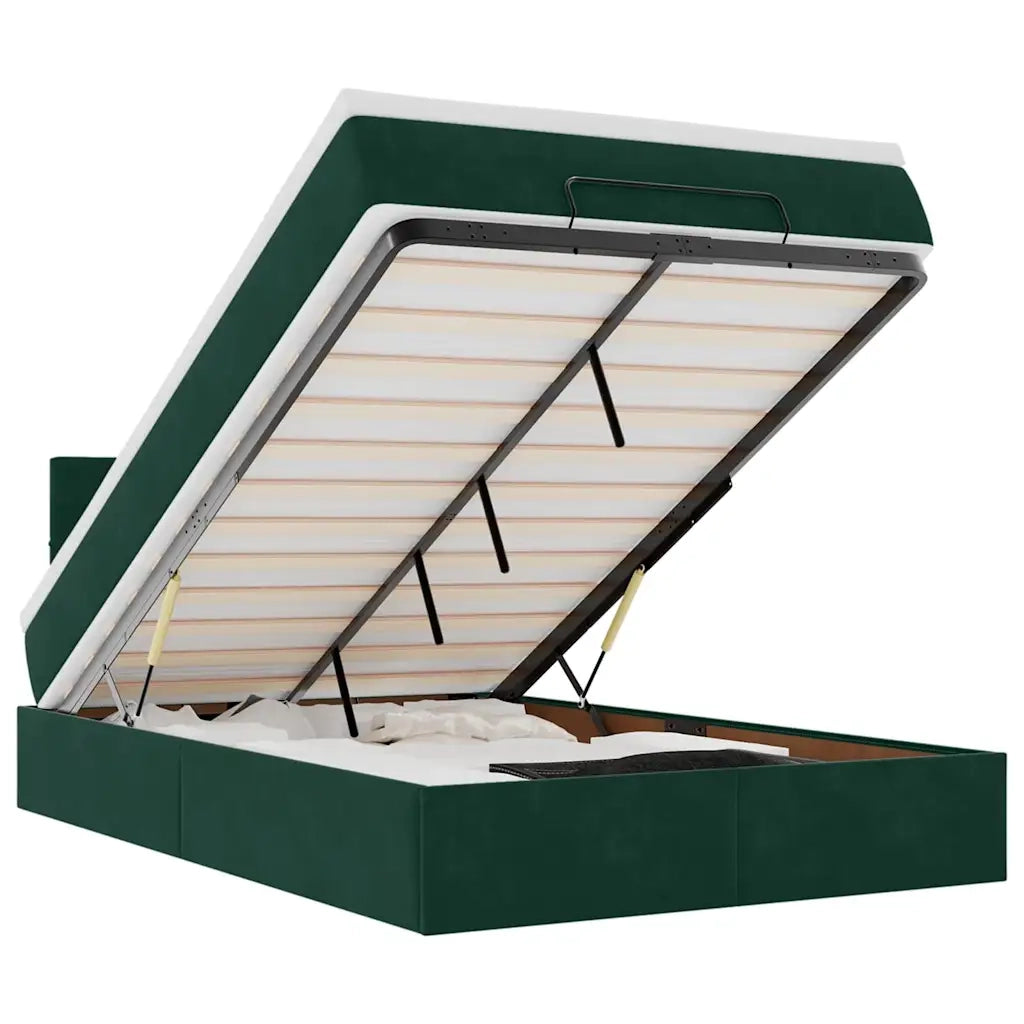 Pouf Letto con Materasso e LED Verde Scuro 120x190cm in Velluto