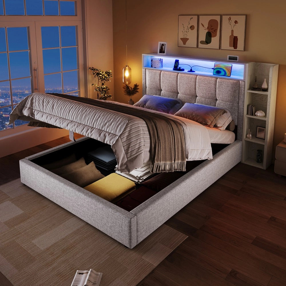 Letto Imbottito con LED e Contenitore ¨C MINIMAL ¨C Tessuto Beige 90x200