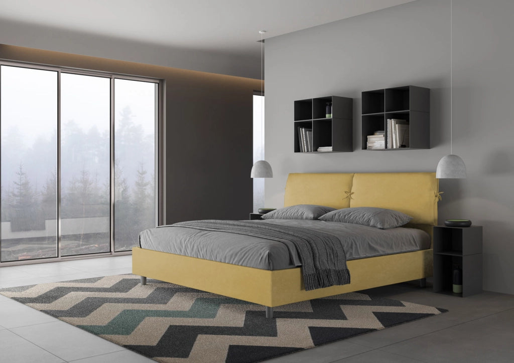 BS COM Letto matrimoniale king size contenitore imbottito 200x210 microfibra ocra