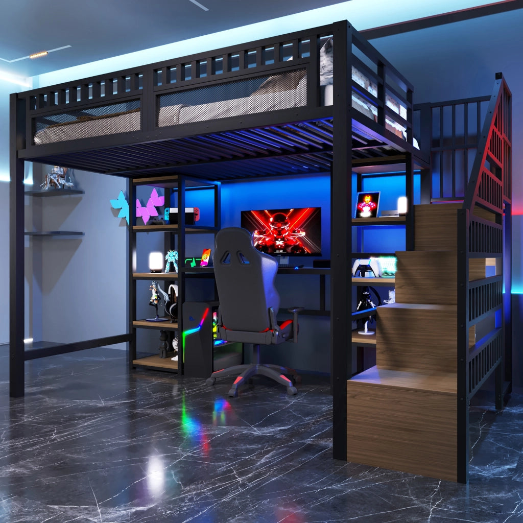 Letto castello 140x200 ferro ripiani scala scrivania LED USB nero