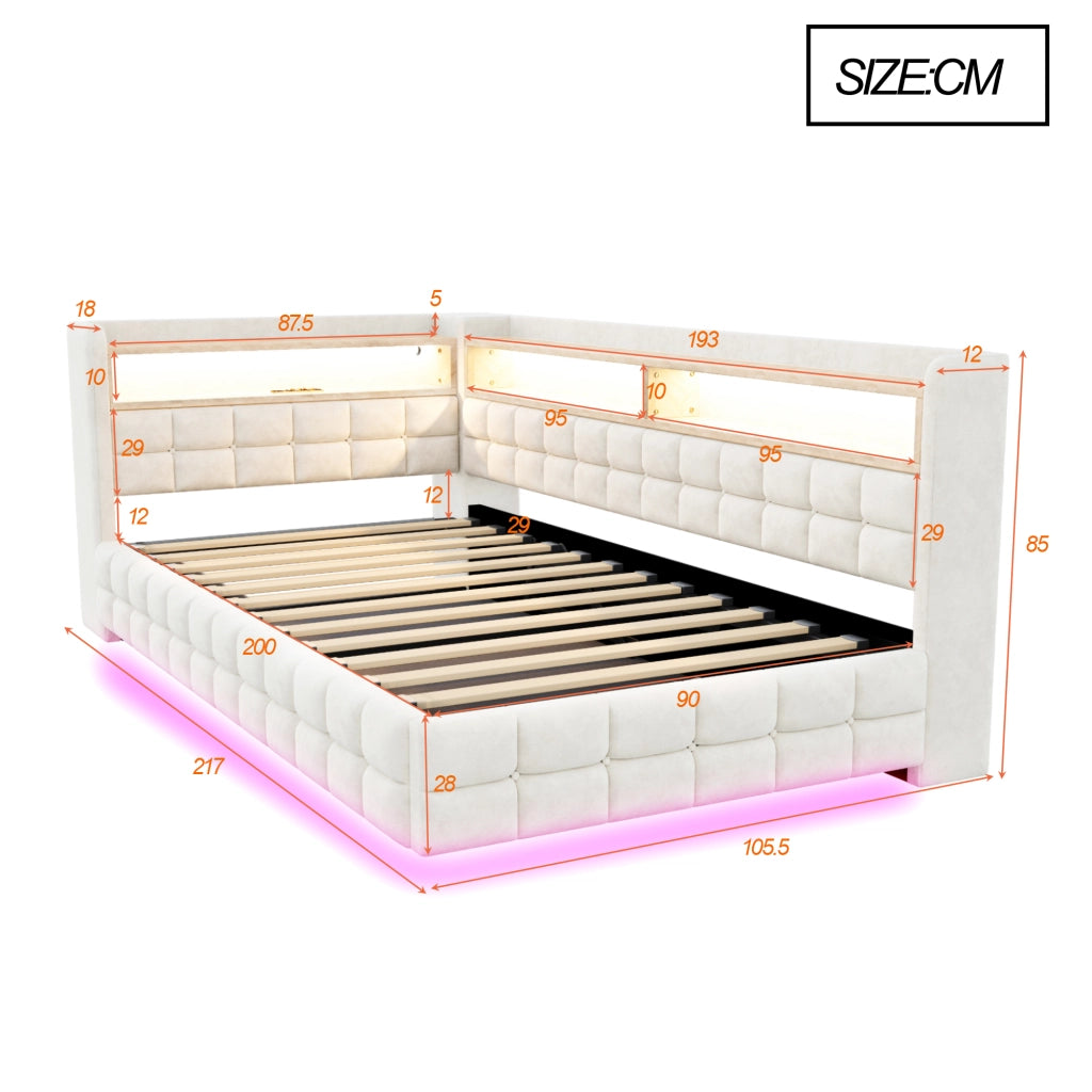 DIVANO LETTO 90x200 cm in velluto beige con vano contenitore, LED e prese