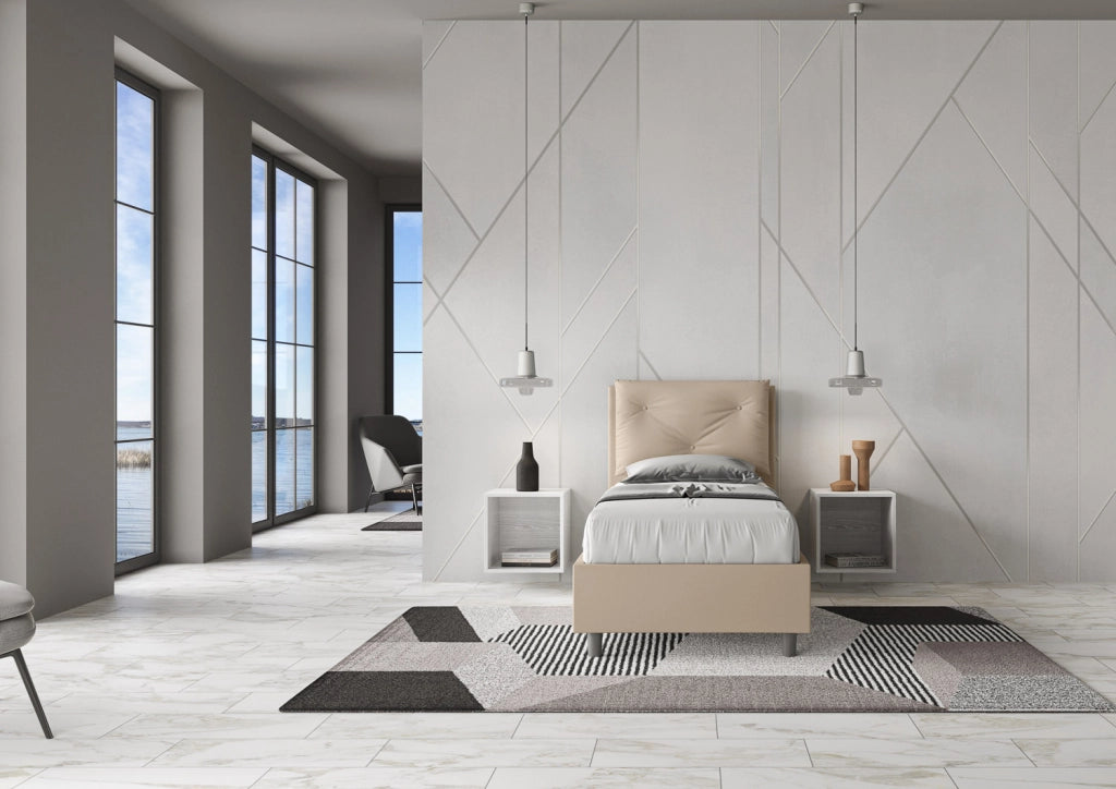 BS COM Letto singolo con rete imbottito 80x200 similpelle tortora