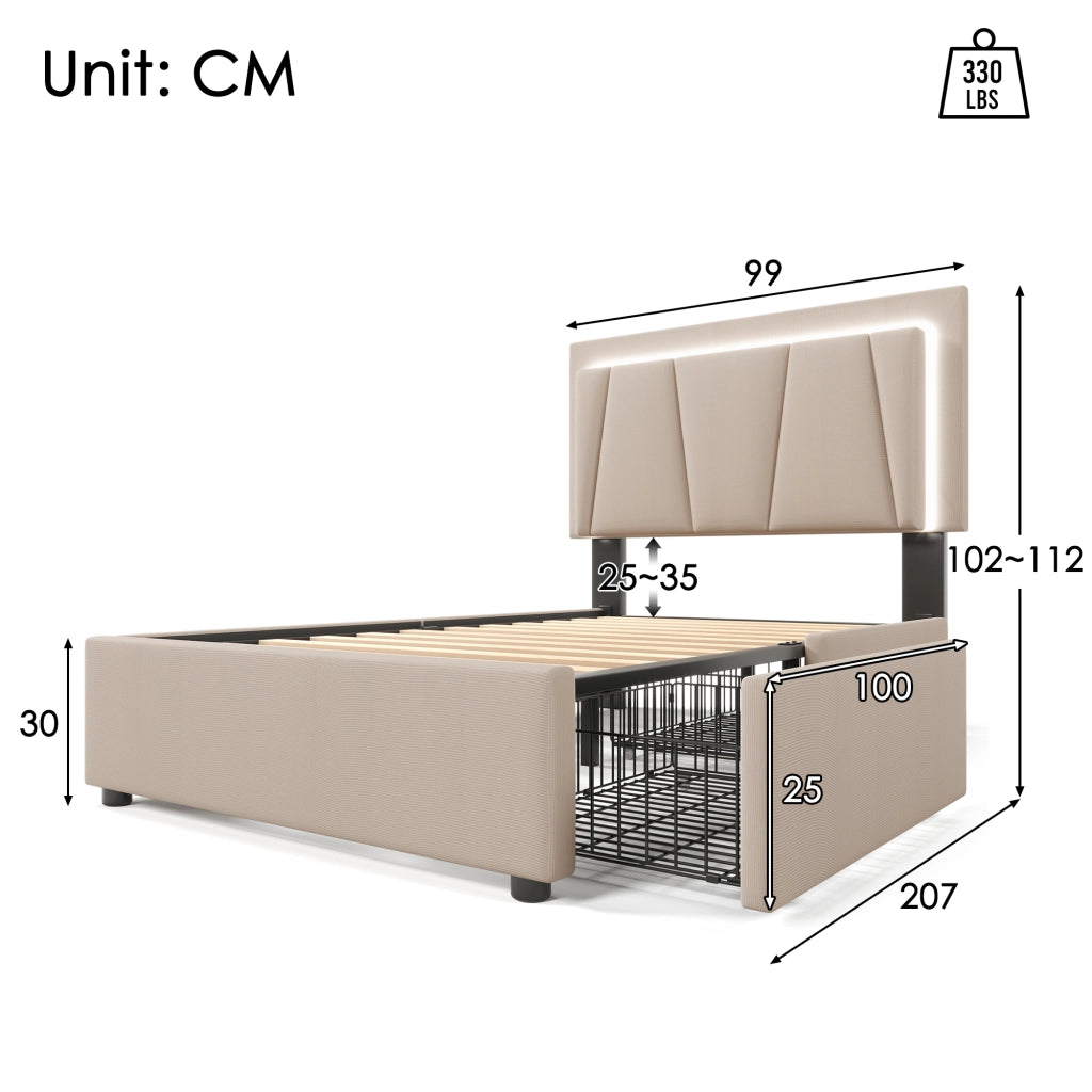 LETTO 90x200 cm Beige con testata regolabile, LED e 2 cassetti