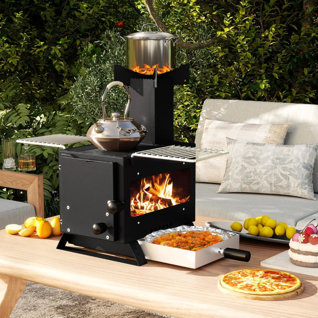 Forno da giardino per cucinare da fornello da campeggio con supporto per pentole, Forno a legna con finestra panoramica Nero