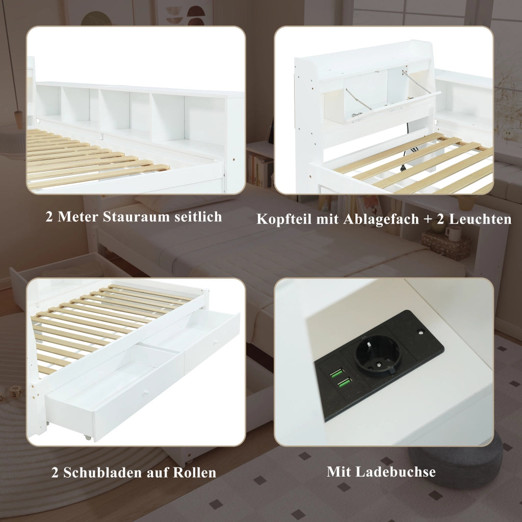 LETTO Singolo 90x200 cm Bianco con testiera, luci e cassetti