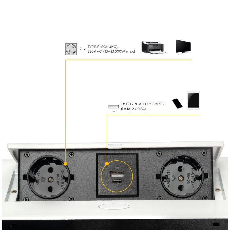 Multiconnettore da tavolo Atom 26 Lite, 225x111mm, 2 prese Schuko, 1 USB Tipo A, 1 USB Tipo C, Zama-Acciaio-Plastica, ..