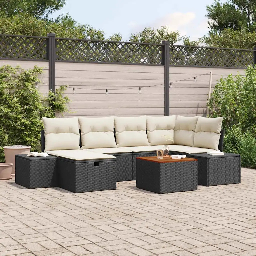 Set Divano da Giardino con cuscino 7 pcs Nero polyrattan