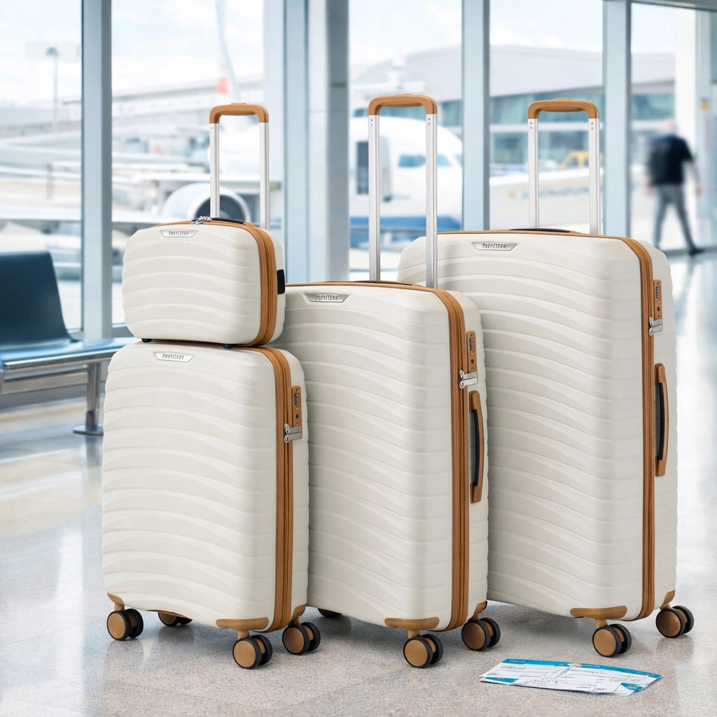 Set 4 Valigie Rigide Abs e PP con Beauty Case, Trolley 4 Ruote, Lucchetto Bianco