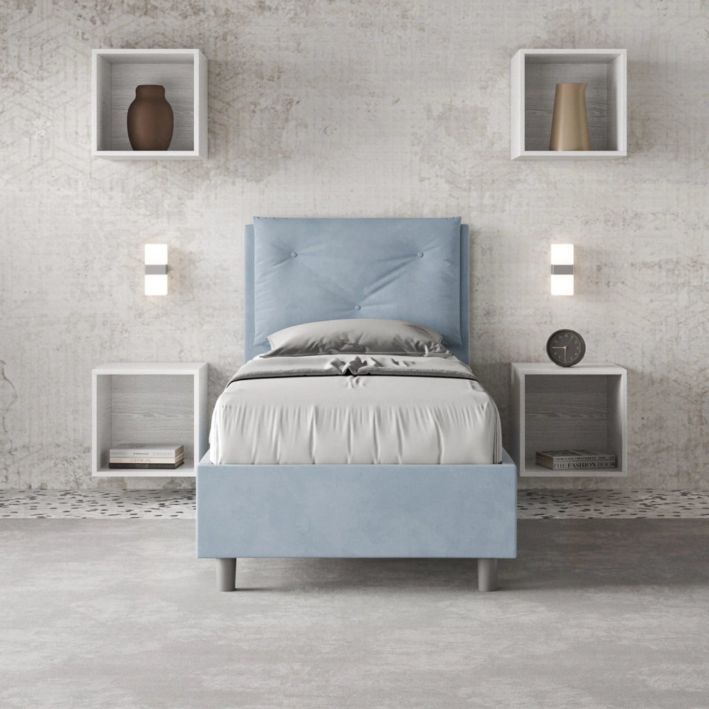BS COM Letto singolo con rete imbottito 90x200 microfibra azzurro