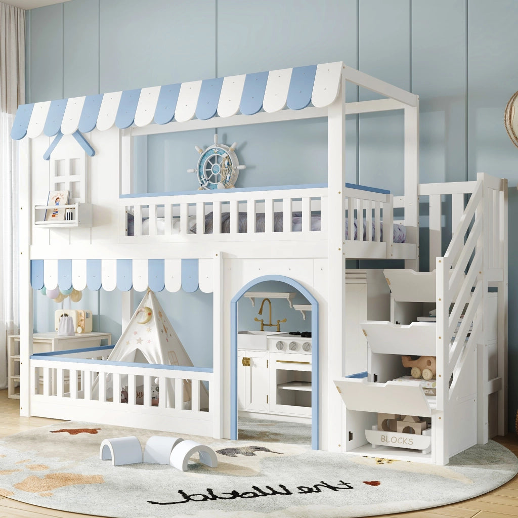 LETTO A CASTELLO per bambini 90x200 cm Bianco+Blu con scala contenitore