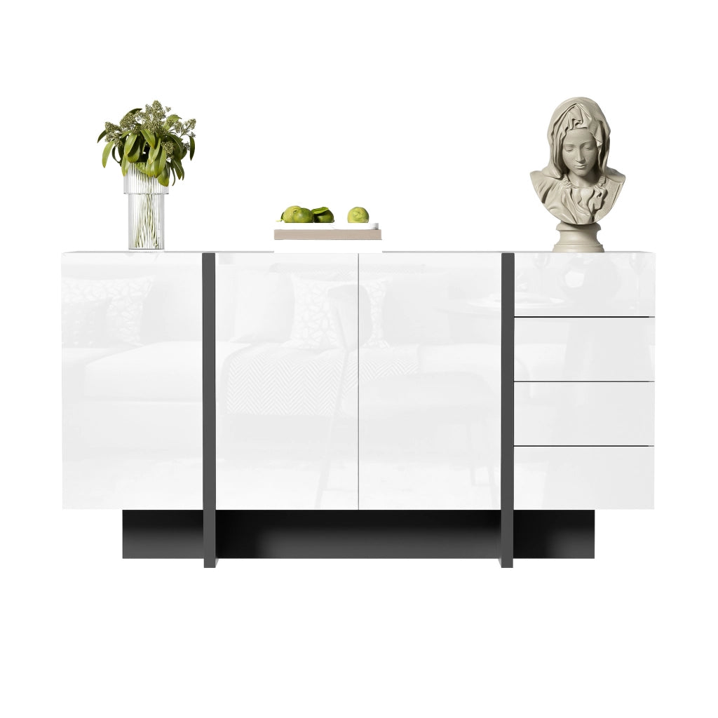 Credenza bianca lucida con 2 ante e 4 cassetti, design moderno, struttura in MDF e pannelli truciolari, 150 x 40 x 80,5 cm