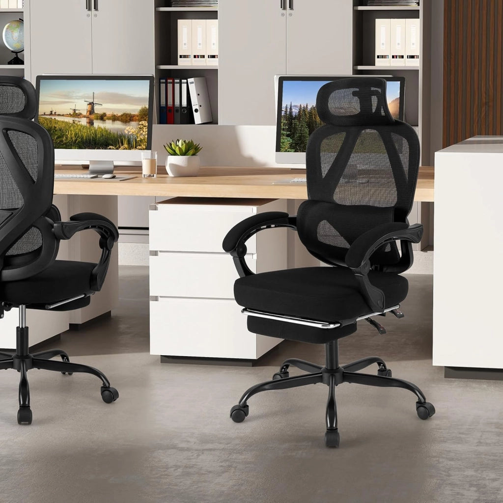 Sedia da Ufficio con Ruote, Sedia da Scrivania con Altezza Regolabile, Poggiapiedi Estraibile, Schienale Regolabile a 135°, Poggiatesta e Supporto Lombare Regolabili, Portata 160 kg