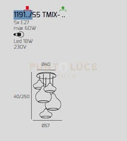 SOSP. OTTONE SATINATO 5 LUCI TONDA VETRI (1 X PICCOLO AM + 1 X PICCOLO RU + 1 X PICCOLO ZA + 1 X GRANDE AM + 1 X GRANDE RU) 1191OS-S5 TMIX-MC