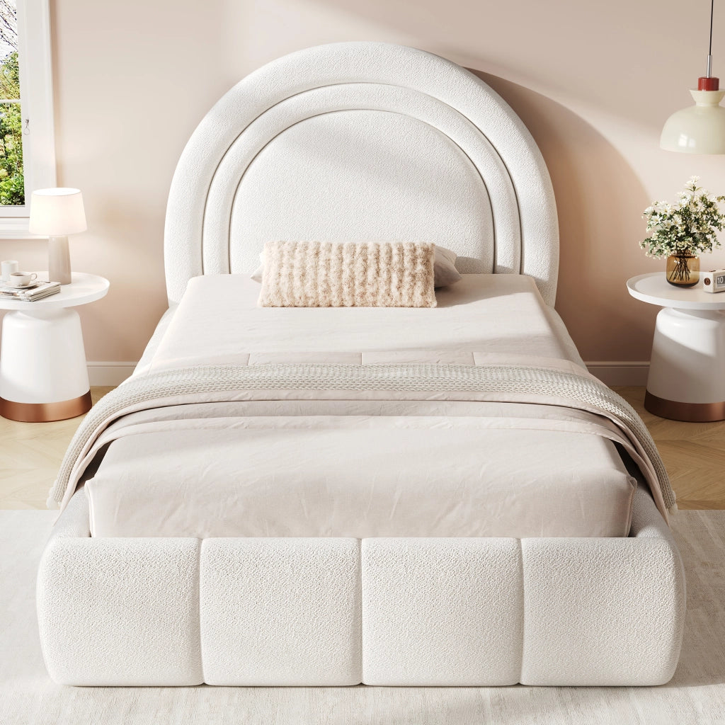 LETTO Contenitore 90x200 cm Bouclé Beige con rete a doghe