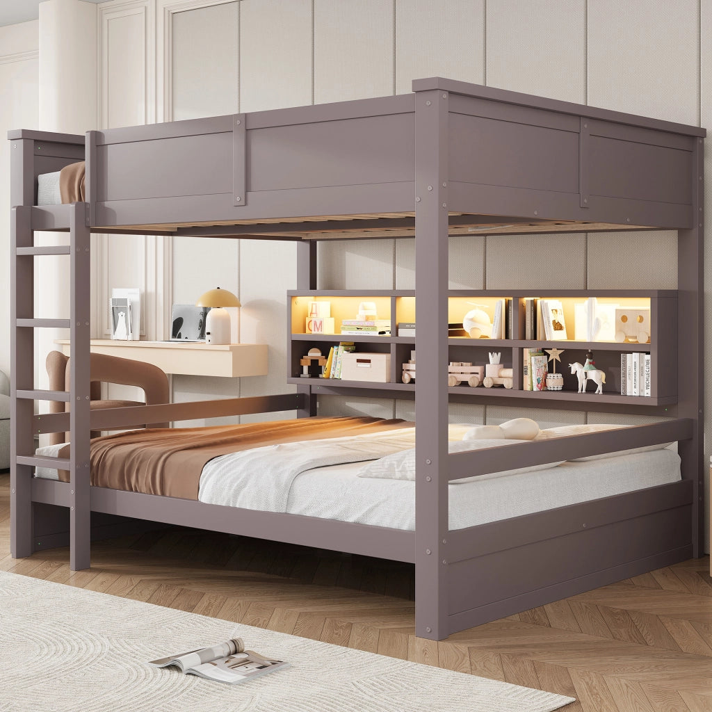 Letto a castello con contenitori e luci LED in MDF e pino 160x200 cm