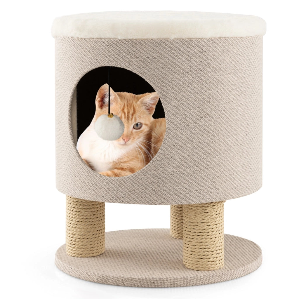 Sgabello nicchia per gatti con pali tiragraffi e pallina di peluche, Casetta per animali domestici multiuso Beige