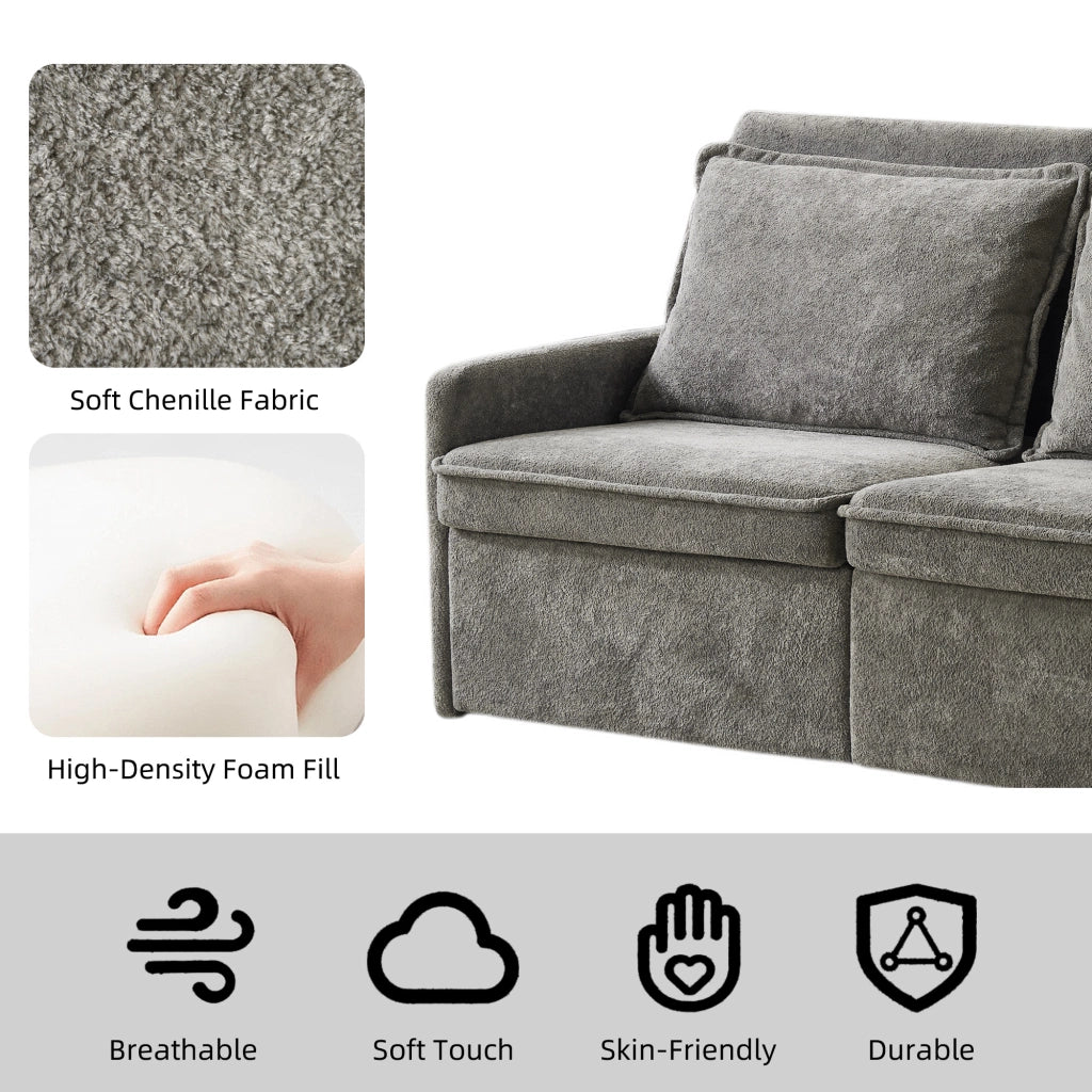 Divano letto con cuscini e USB ¨C Minimal ¨C 3 in 1, schienale regolabile, contenitore, chenille, grigio