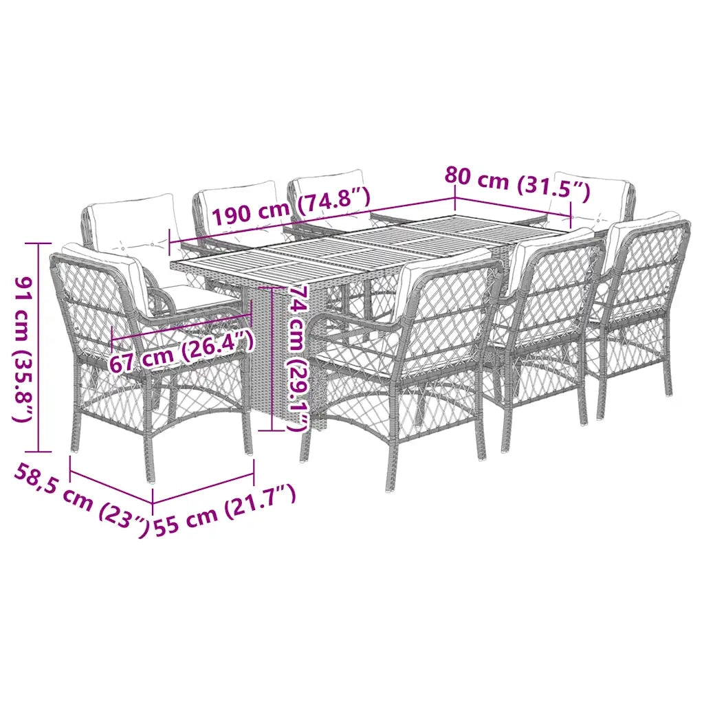 Set da Pranzo da Giardino 9 pz con Cuscini Nero in Polyrattan 3212071