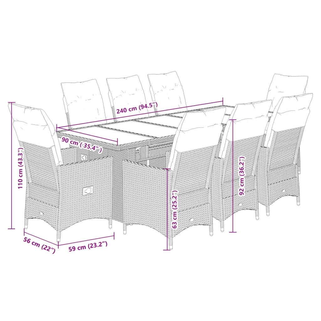 Set Bistrò da Giardino 9 pz con Cuscini in Polyrattan Grigio