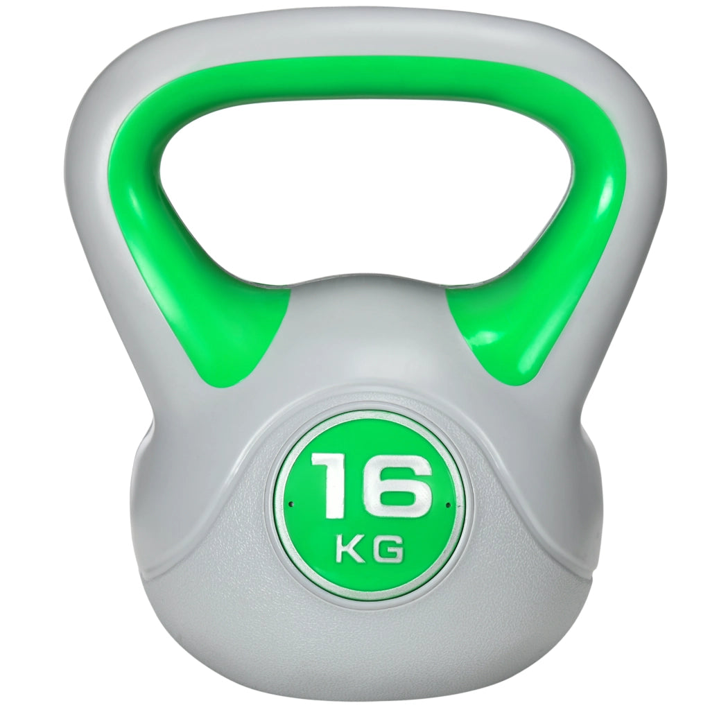 Kettlebell 16kg ¨C Xylo ¨C PU e Sabbia, Base Piatta, Impugnatura, 27x17x31cm, Verde