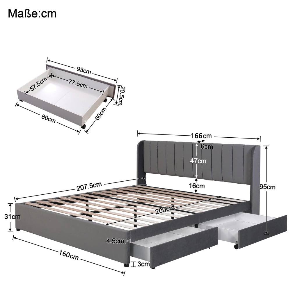 OKWISH Letto con Cassetti 160×200 cm, Letto Matrimoniale con 2 Cassetti e Testiera Imbottita, senza Materasso, in Velluto, Grigio