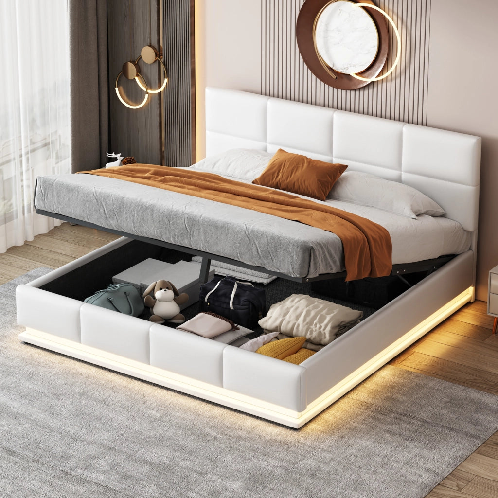 LETTO Imbottito 160x200 cm Bianco con LED e contenitore