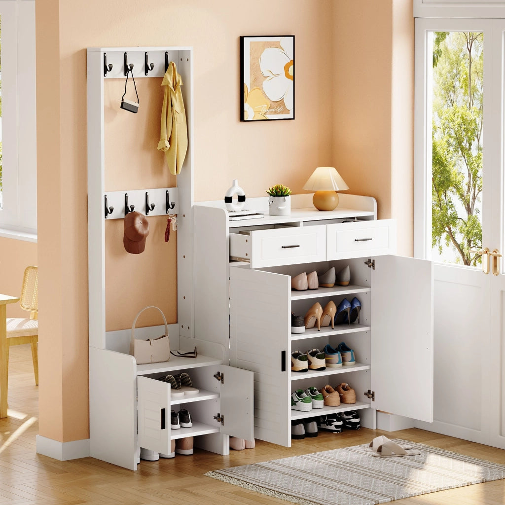 Combinazione di mobile da ingresso, appendiabiti e scarpiera, 2 cassetti, 8 ganci, 125 x 36 x 165 cm, bianco