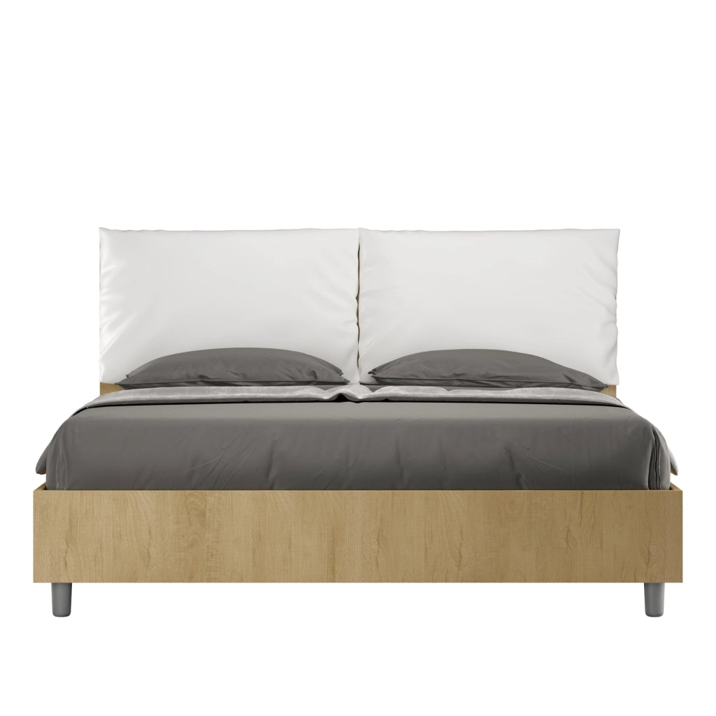 BS COM Letto matrimoniale con rete 160x190 Quercia cuscini similpelle bianco