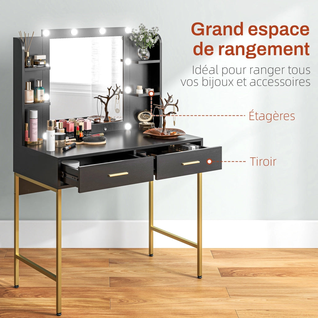 Cassettiera da trucco con specchio e luci, sgabello imbottito ¨C Minimal ¨C nero