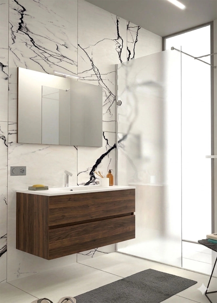 Mobile da Bagno Sospeso con Lavabo 90 cm e Specchio Bali Light Noce Scuro