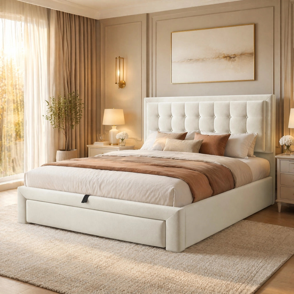 LETTO Imbottito 140x190 cm in velluto beige con 2 cassetti