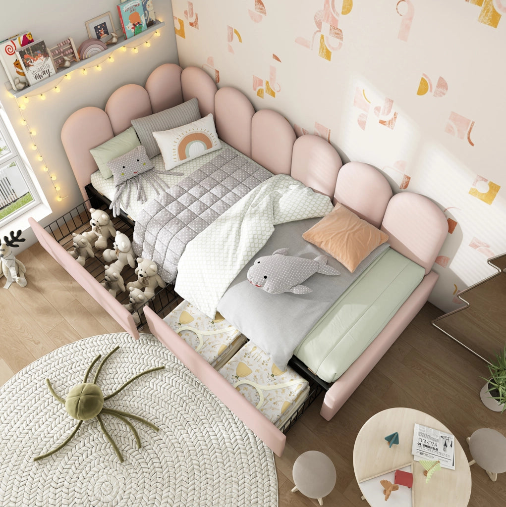 Divano letto singolo imbottito con 2 cassetti; velluto rosa; 90x200 cm