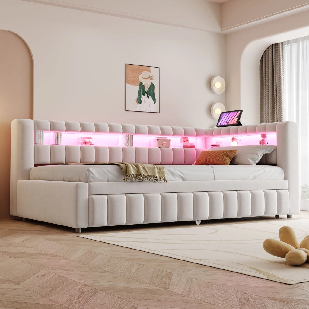 LETTO Divano letto trasformabile 90x200 cm in velluto beige con LED e USB
