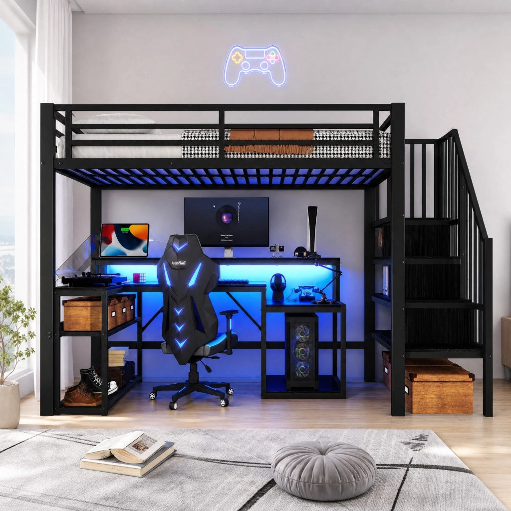 LETTO A SOPPALCO 90x200 cm Metallo e MDF Nero con scrivania USB