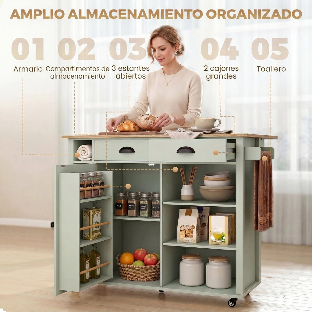 Armadio da Cucina con Ruote, Anta con Ripiani e 2 Cassetti ¨C Zephmum ¨C 117.5x70x91 cm Verde Chiaro