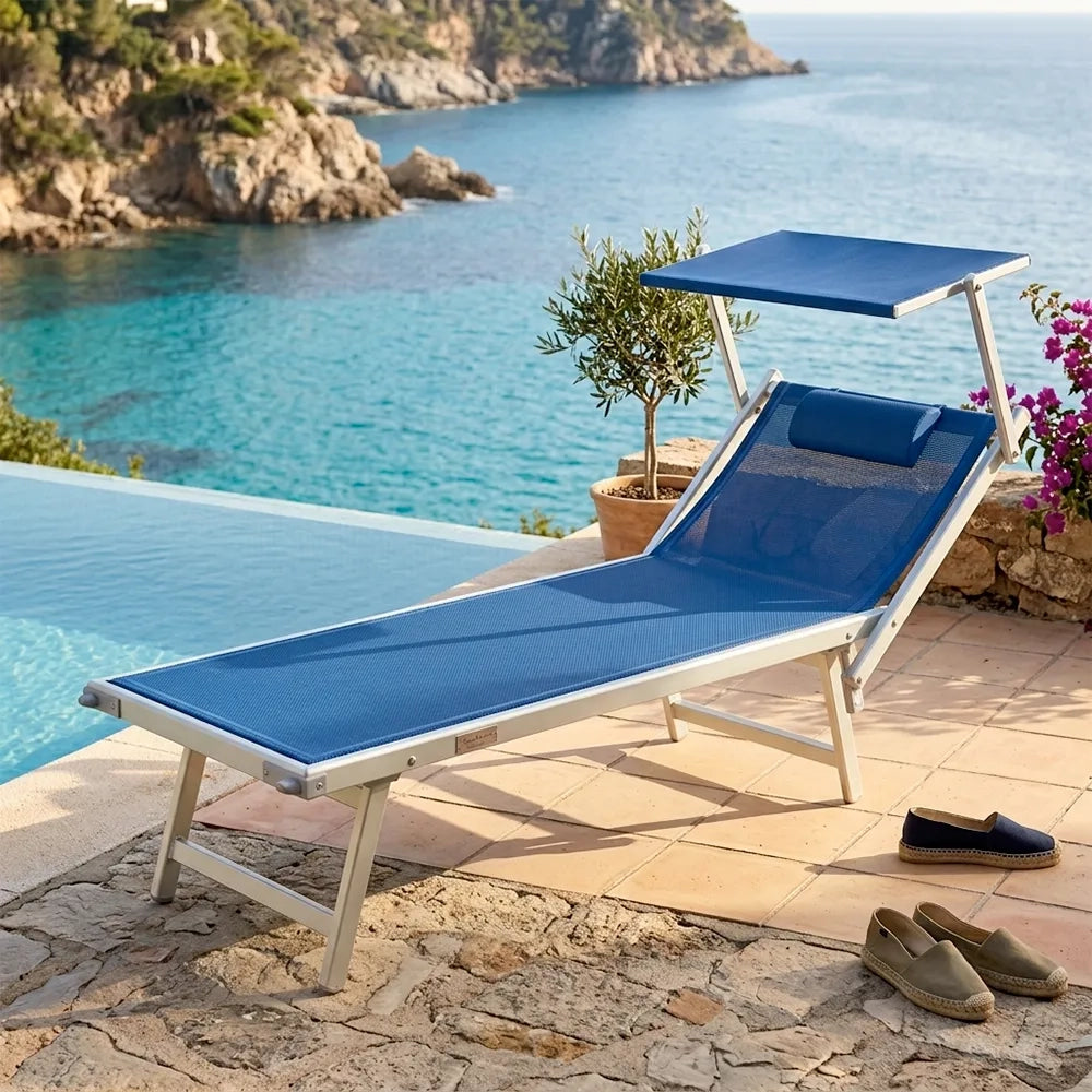 Lettino Prendisole Blu con Parasole con telaio alluminio