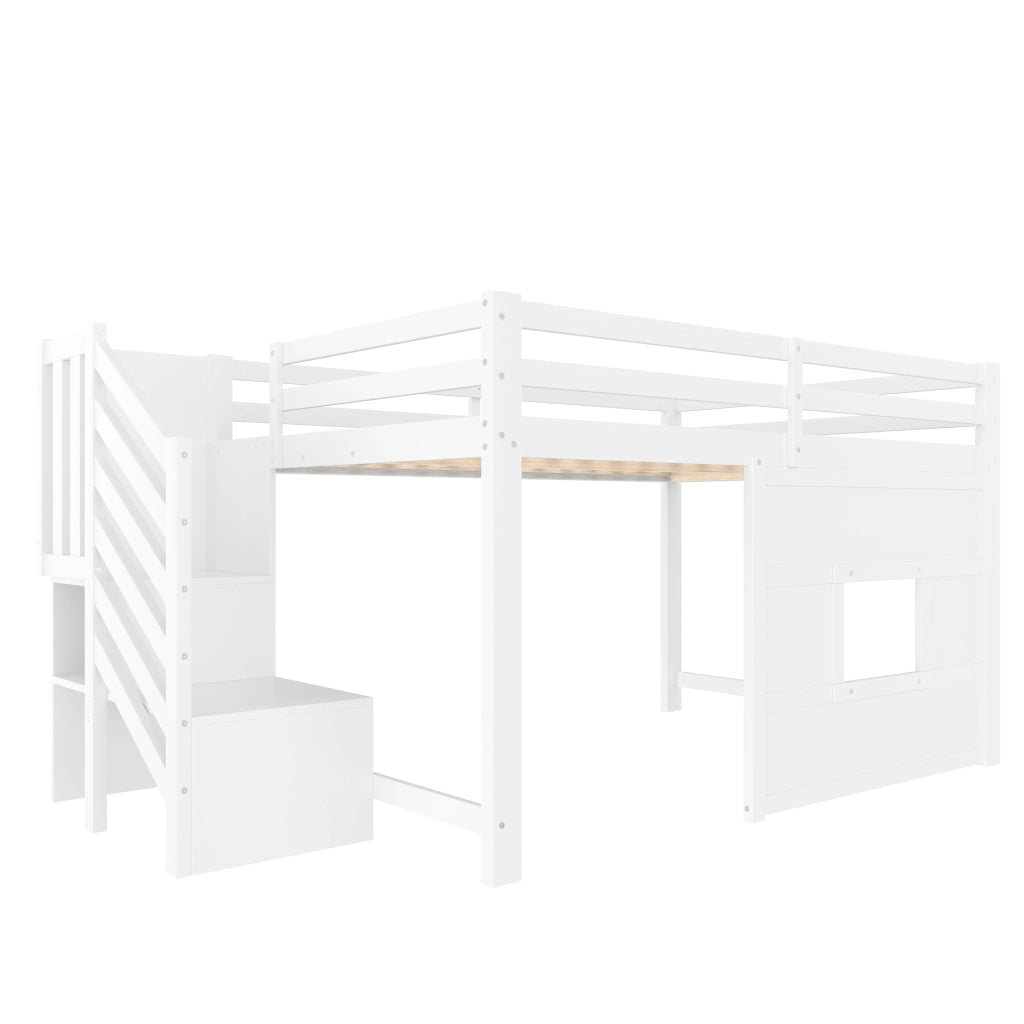 Letto a castello con scala e finestra - Zephmum- 140x200 cm, bianco