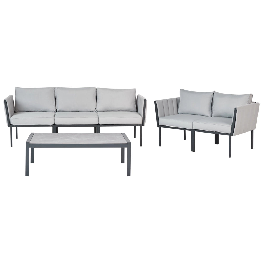 Set da giardino 5 posti con divano 2 poltrone grigio chiaro in acciaio con Cuscini