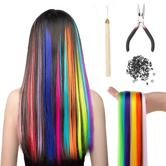 Kit di estensione di capelli 50 pezzi - capelli fittissimi a colori - fibre sintetiche - pezzo di capello a spigolo - inclusa pinzetta/uncino - 50 cm/20 pollici - set di parrucca