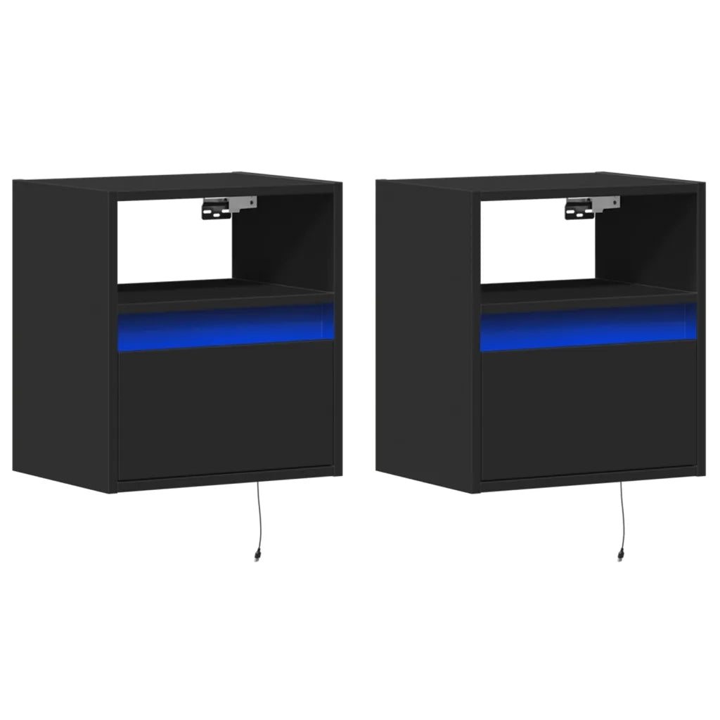 Comodini a Parete con Luci LED 2 pz Neri 3307978
