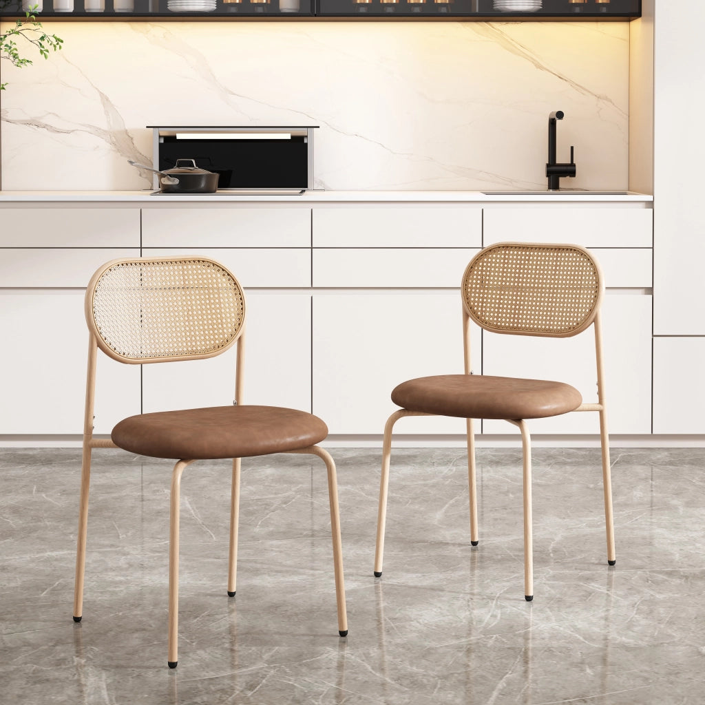 OKWISH Set di 2 Sedie da Pranzo con Schienale Ovale in Rattan, Gambe in Metallo e Seduta Ergonomica, PU Marrone