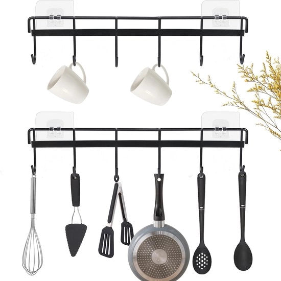 Sostegno per cucina da attaccare al muro - 6 ganci - Antiscivolo - Autoadesivo - Per cucina/bagno - Progettato per la durata - Sostegno per muro con 6 ganci