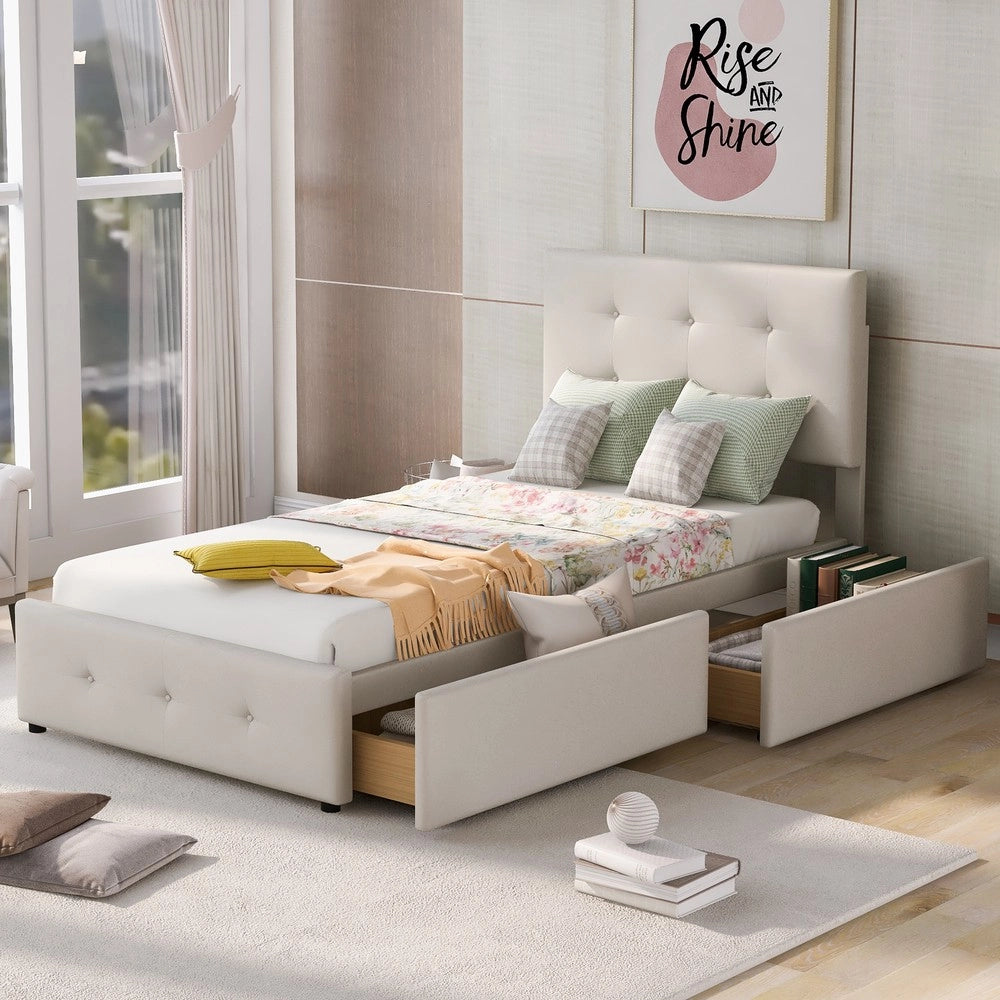Letto Singolo Imbottito con Cassetti e Rete ¨C MINIMAL ¨C Velluto Beige 90x200